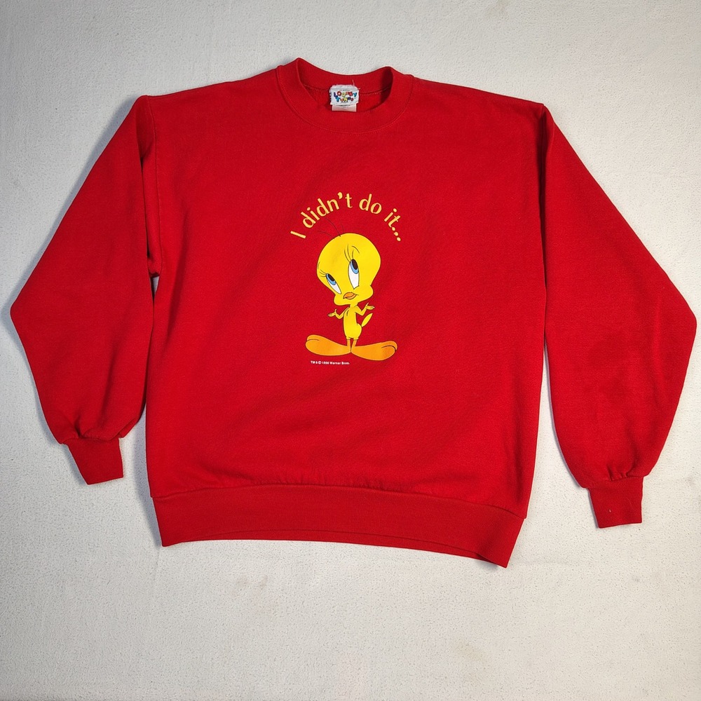 Vintage 90s Looney Tunes Sweatshirt Large Red Cotton Tweety Bird Made in USA